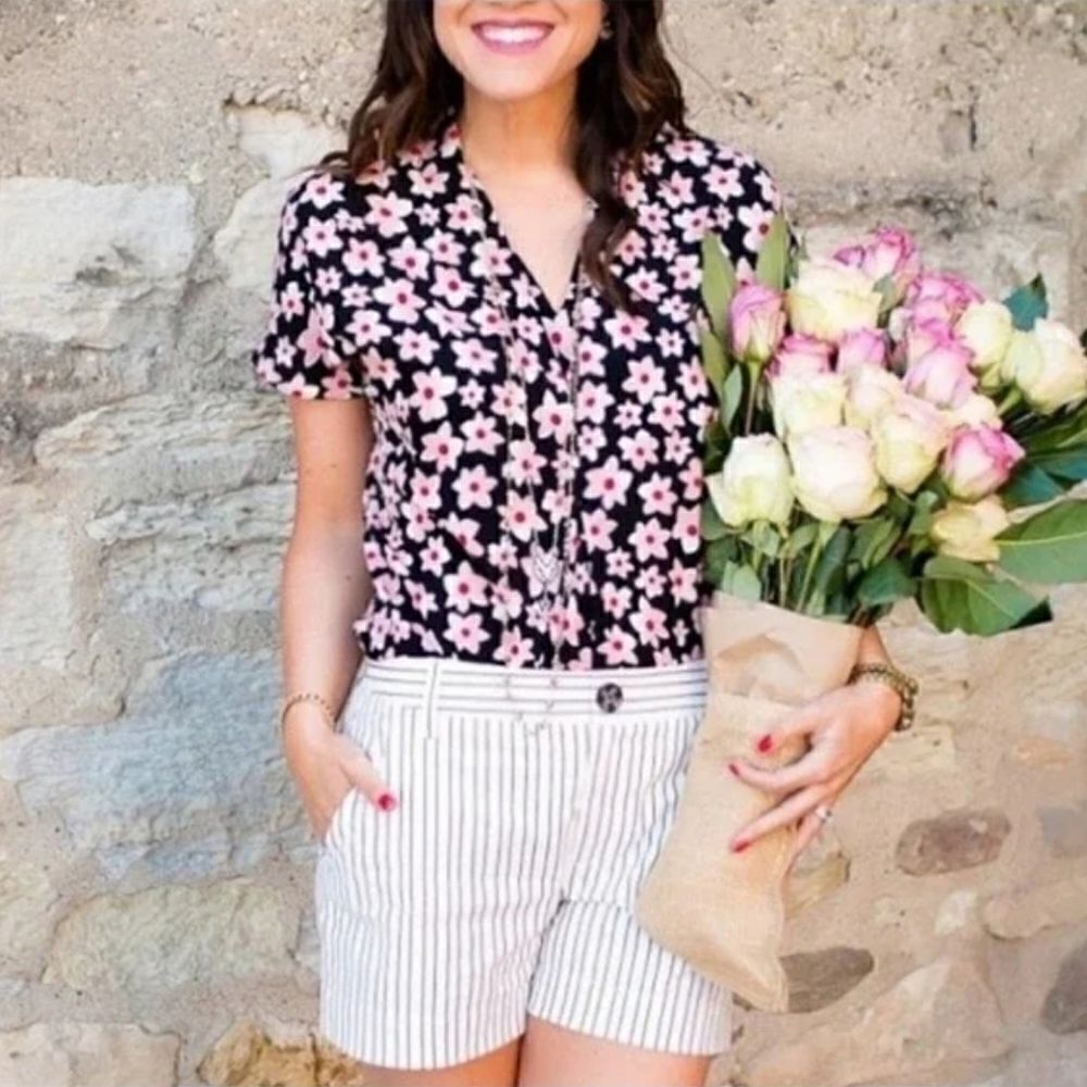 Cabi Black Pink Harmony Floral Short Sleeve Blouse